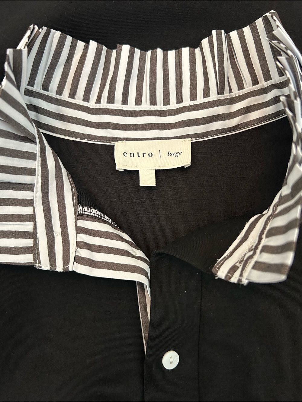 entro Black Polo Shirt with Striped Collar and Cuffed Puff Sleeves - Picture 3 of 5